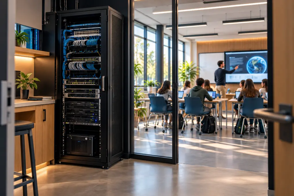 Rack de rede integrado junto a uma sala de aula moderna, com alunos e professor a utilizar tecnologia audiovisual.