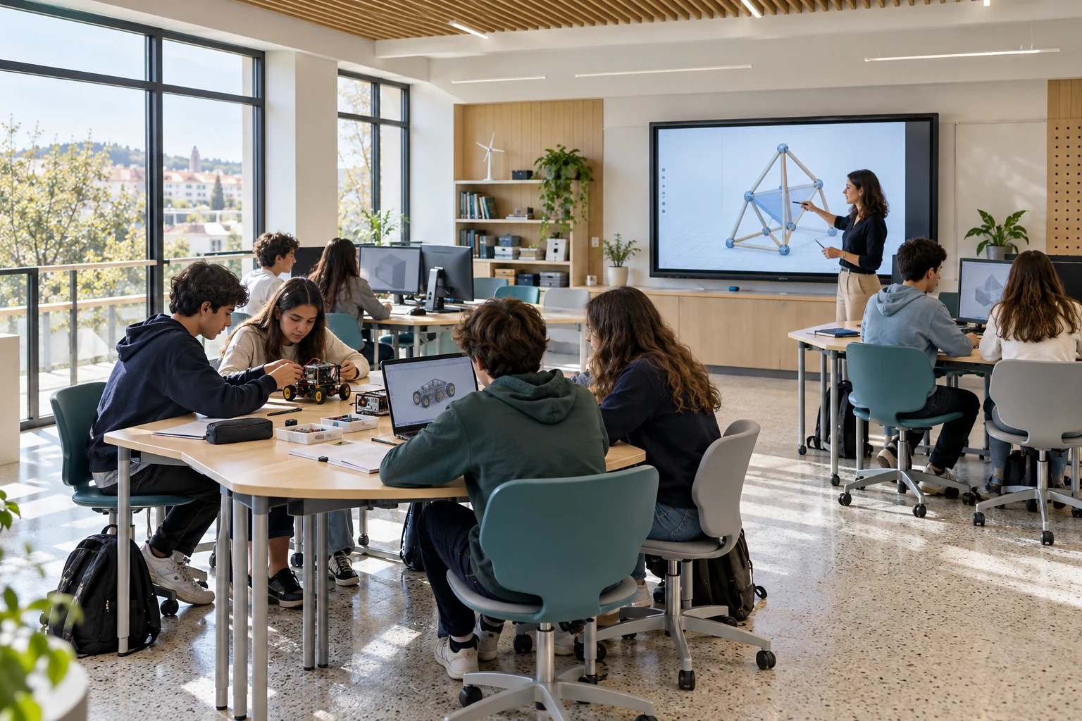 Imagem conceptual de uma sala de aprendizagem digital com alunos em postos modulares e uma docente junto a um ecrã interativo.