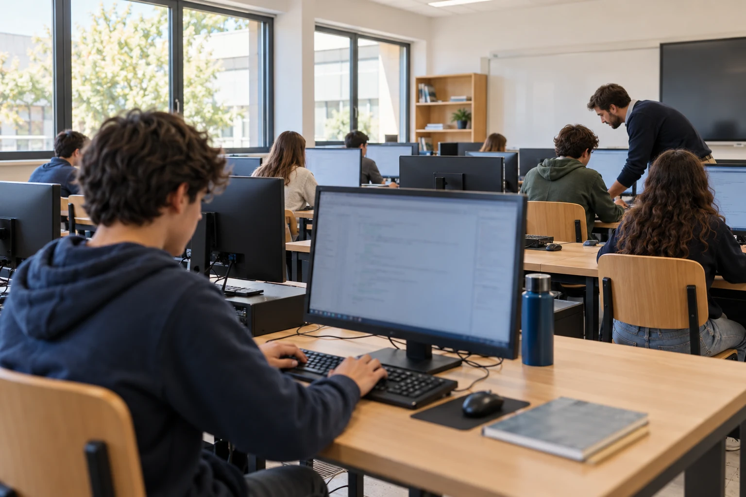 Sala TIC em contexto escolar, com alunos a utilizar computadores e apoio docente.